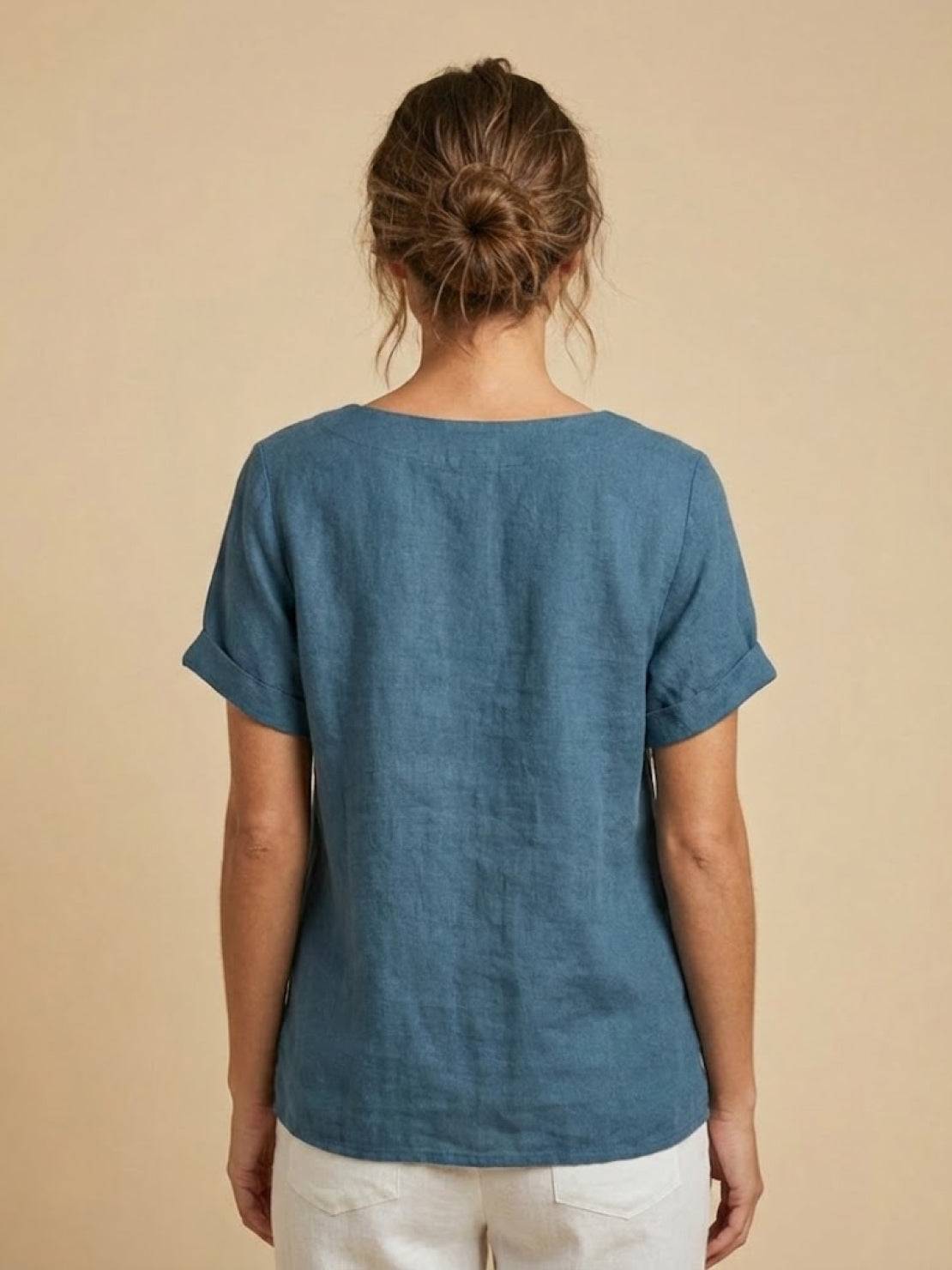 Anne | Women’s Linen Round Neck Button Blouse