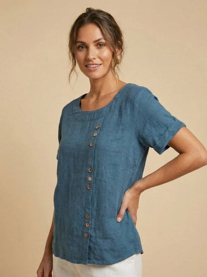 Anne | Women’s Linen Round Neck Button Blouse