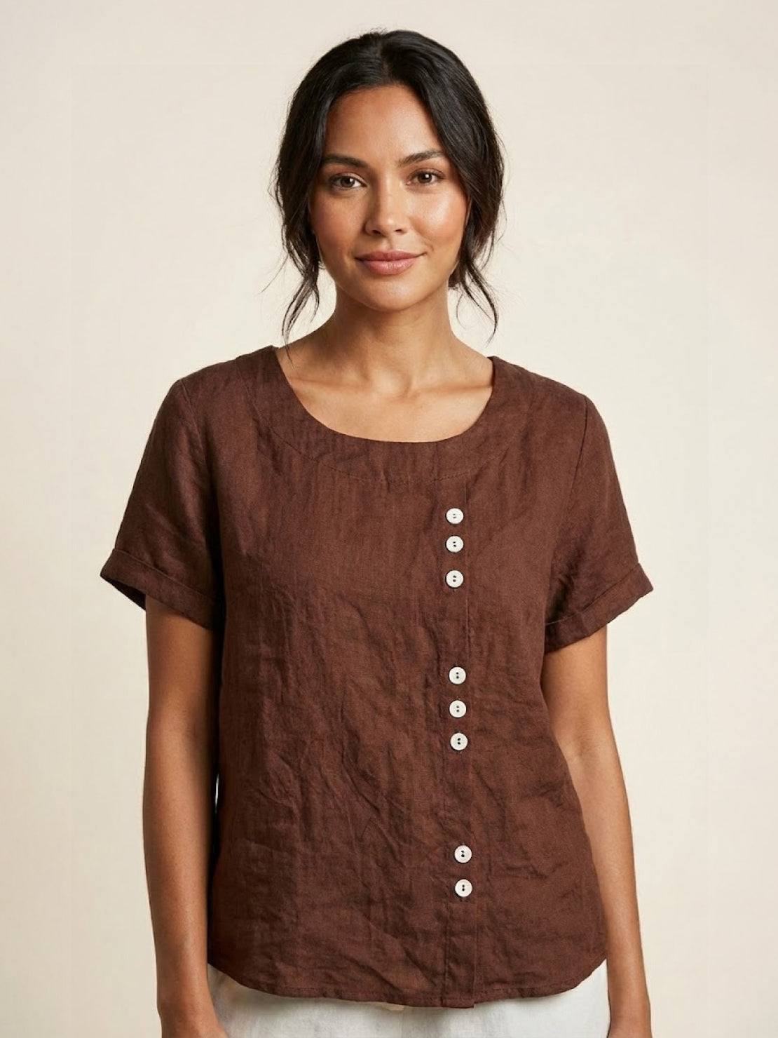 Anne | Women’s Linen Round Neck Button Blouse