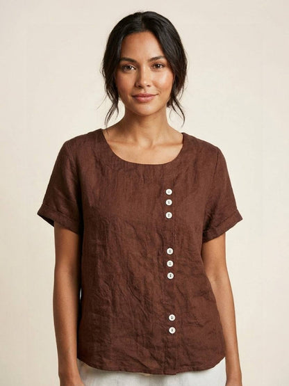 Anne | Women’s Linen Round Neck Button Blouse