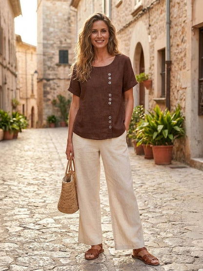 Anne | Women’s Linen Round Neck Button Blouse