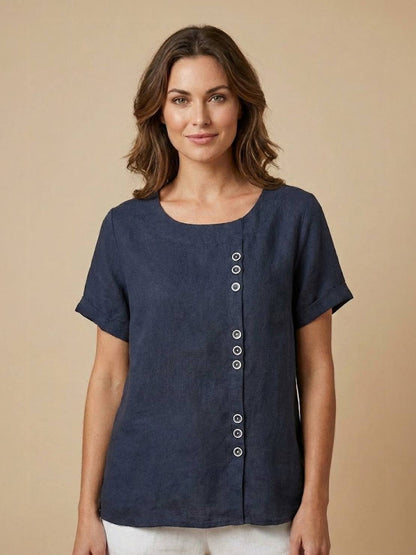 Anne | Women’s Linen Round Neck Button Blouse