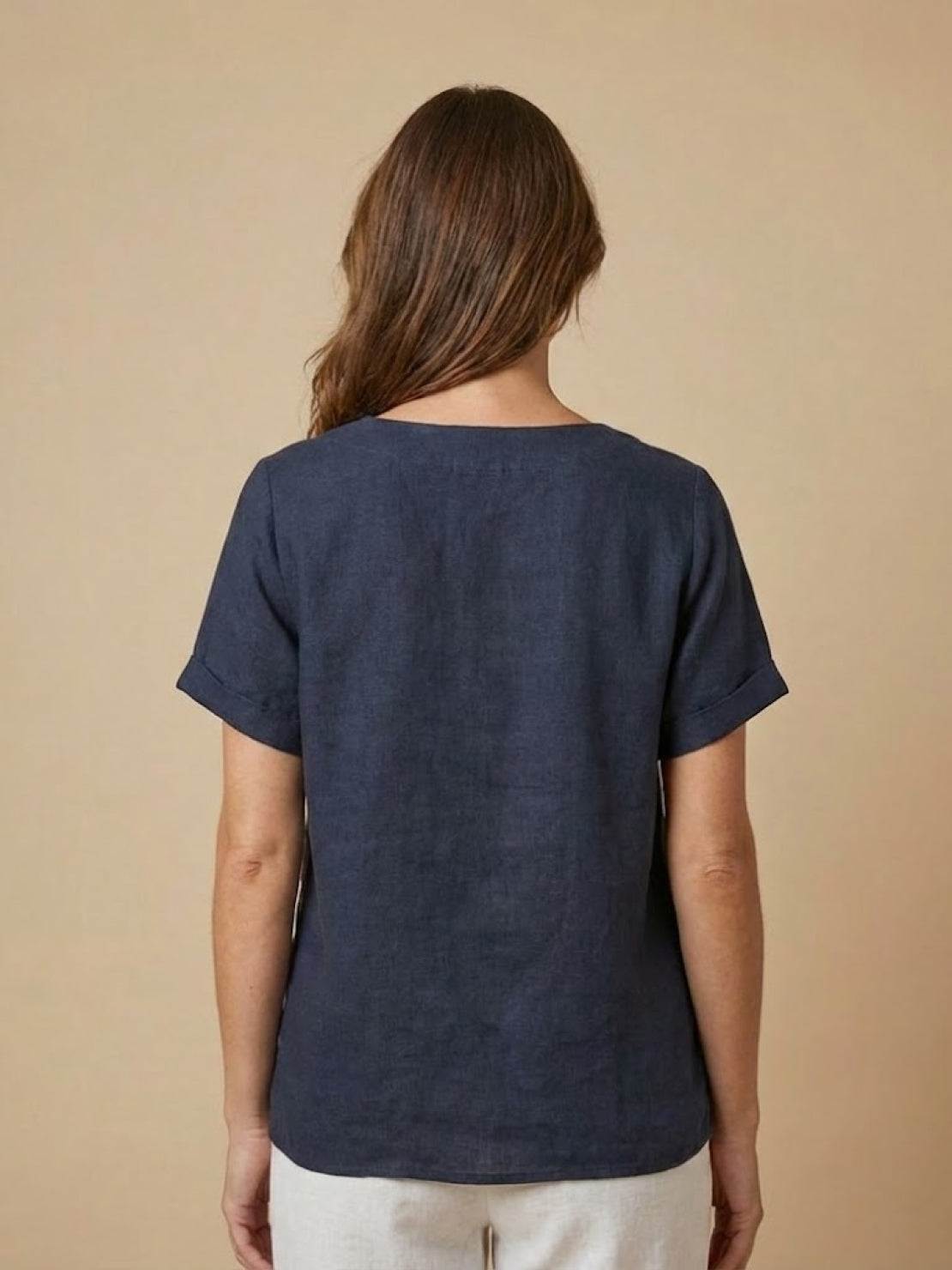 Anne | Women’s Linen Round Neck Button Blouse
