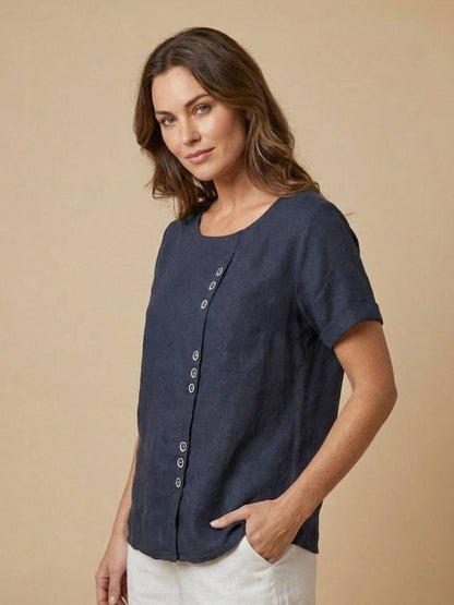 Anne | Women’s Linen Round Neck Button Blouse