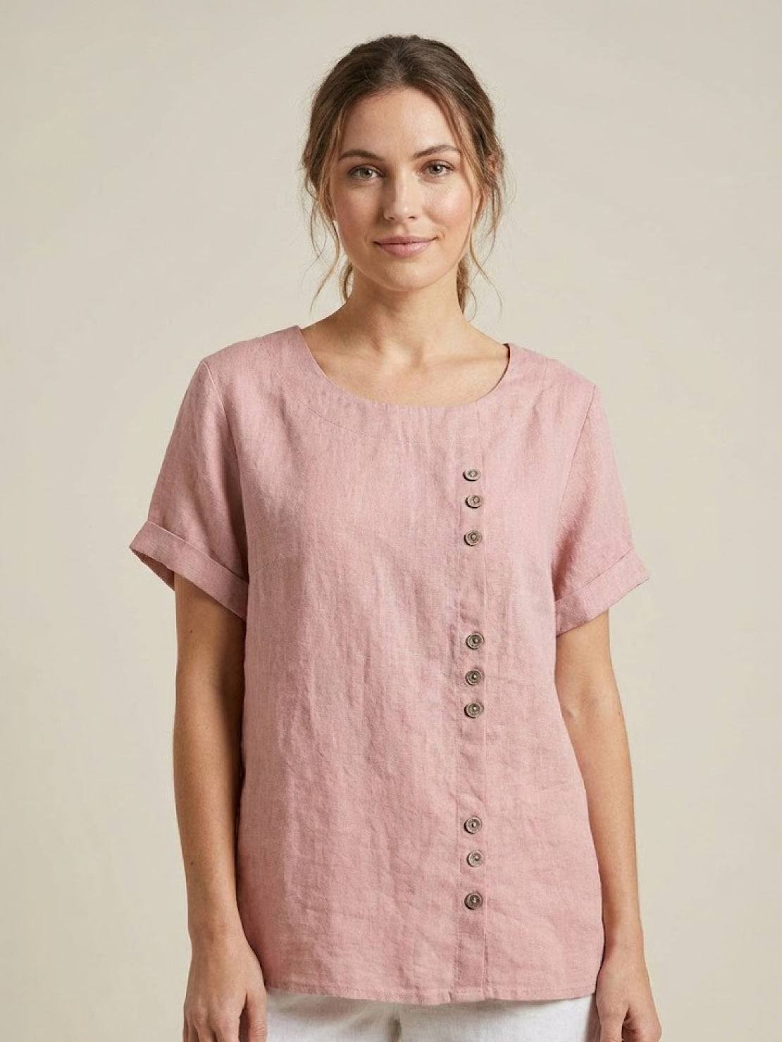 Anne | Women’s Linen Round Neck Button Blouse
