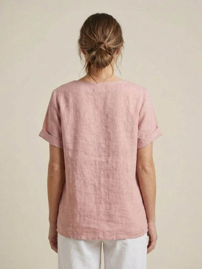 Anne | Women’s Linen Round Neck Button Blouse