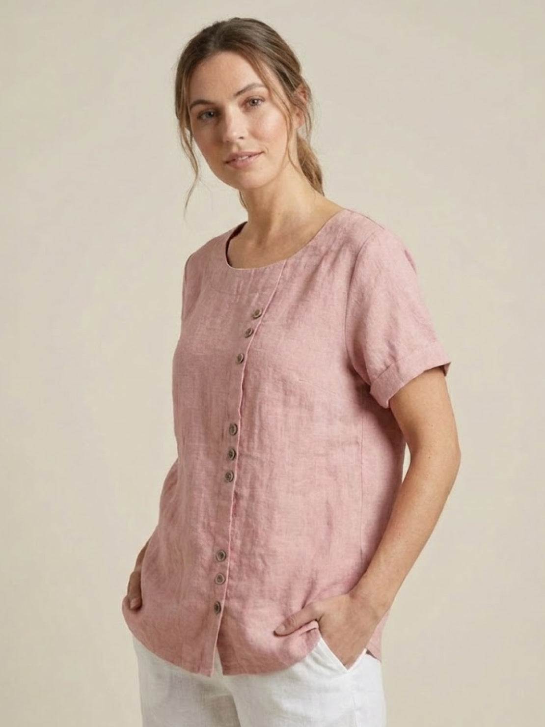 Anne | Women’s Linen Round Neck Button Blouse