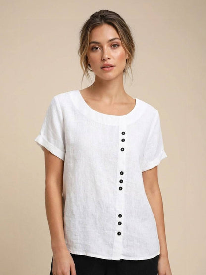 Anne | Women’s Linen Round Neck Button Blouse