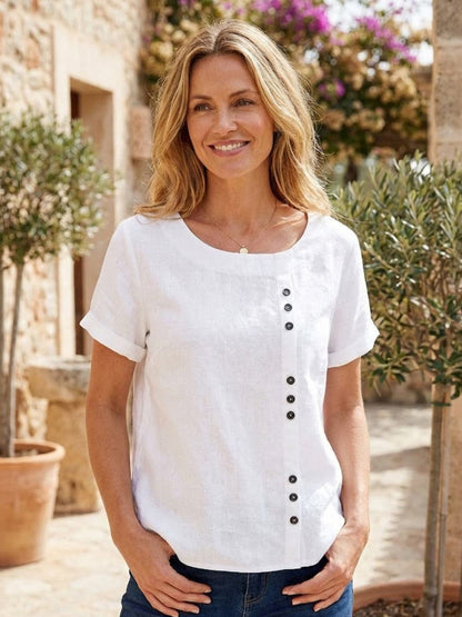 Anne | Women’s Linen Round Neck Button Blouse