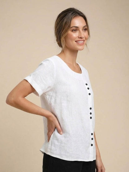 Anne | Women’s Linen Round Neck Button Blouse