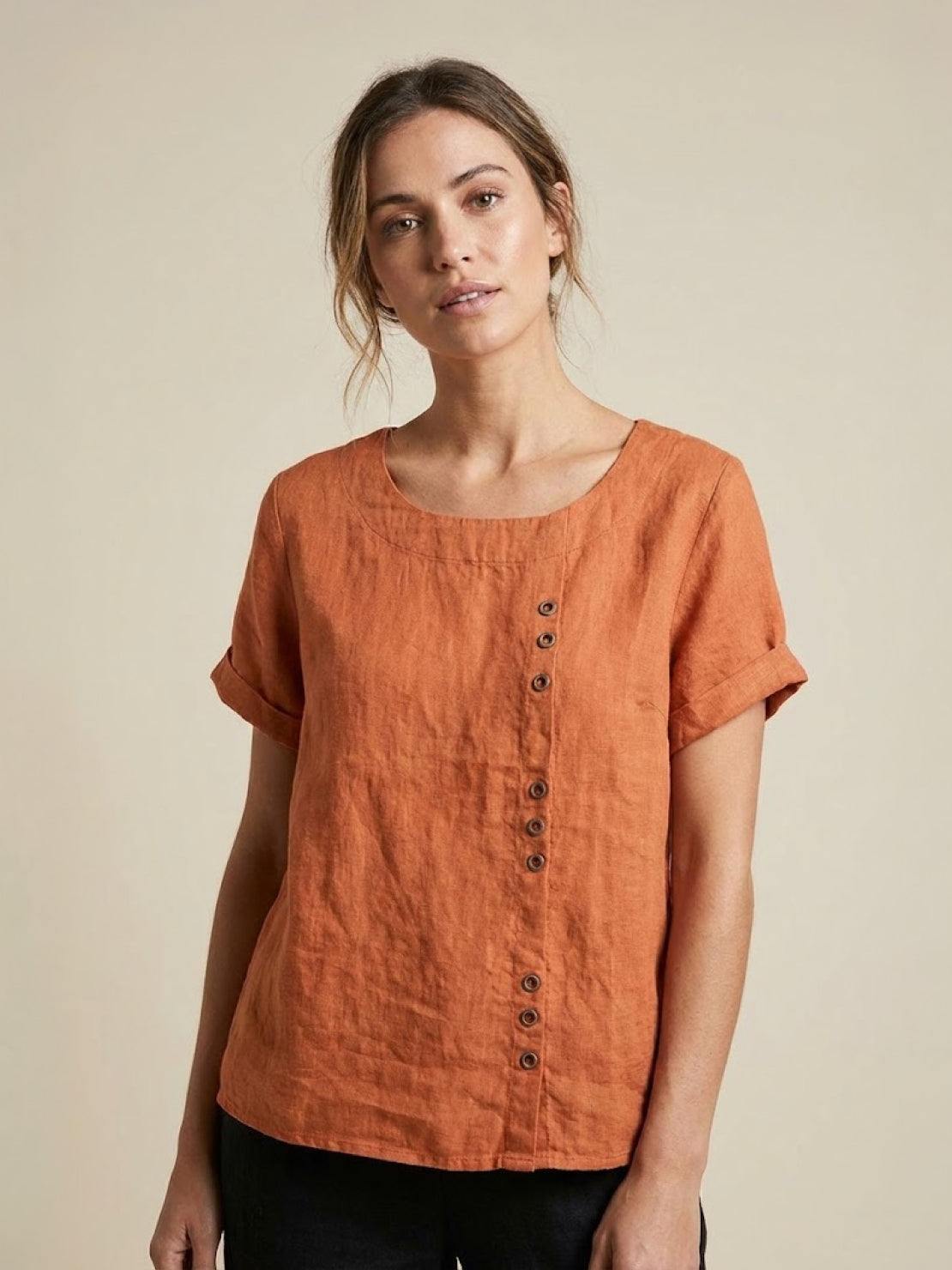 Anne | Women’s Linen Round Neck Button Blouse