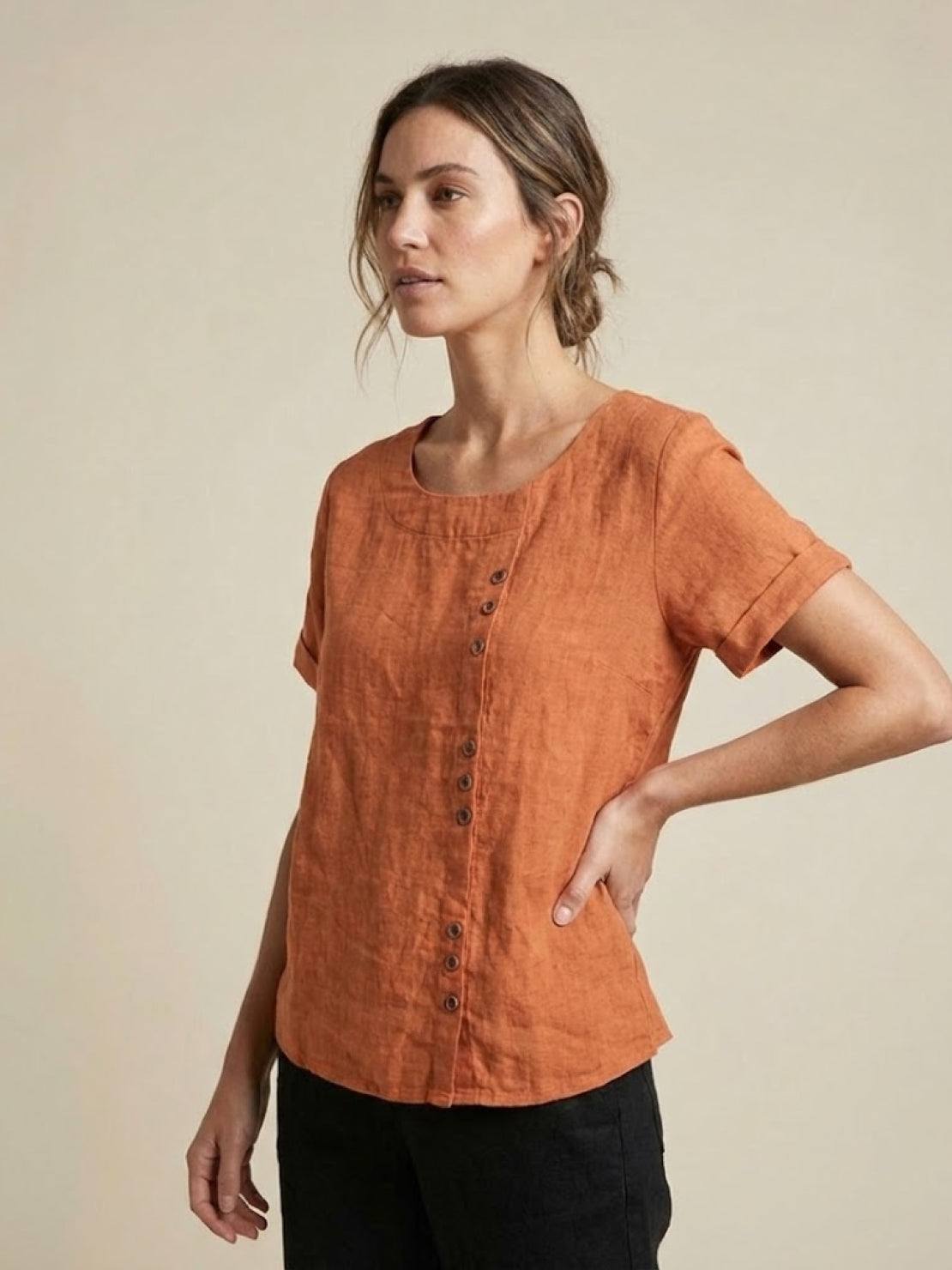 Anne | Women’s Linen Round Neck Button Blouse