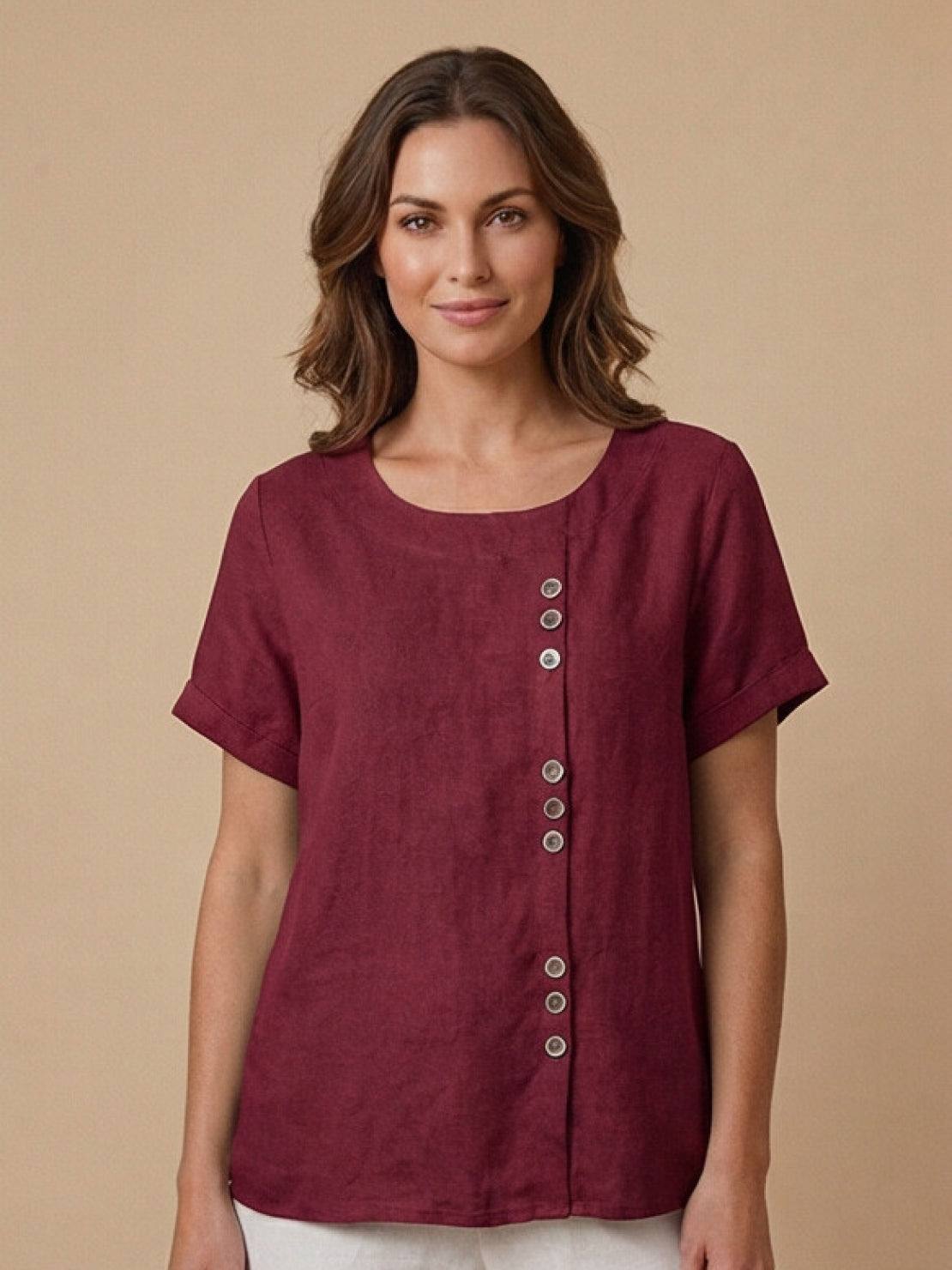 Anne | Women’s Linen Round Neck Button Blouse