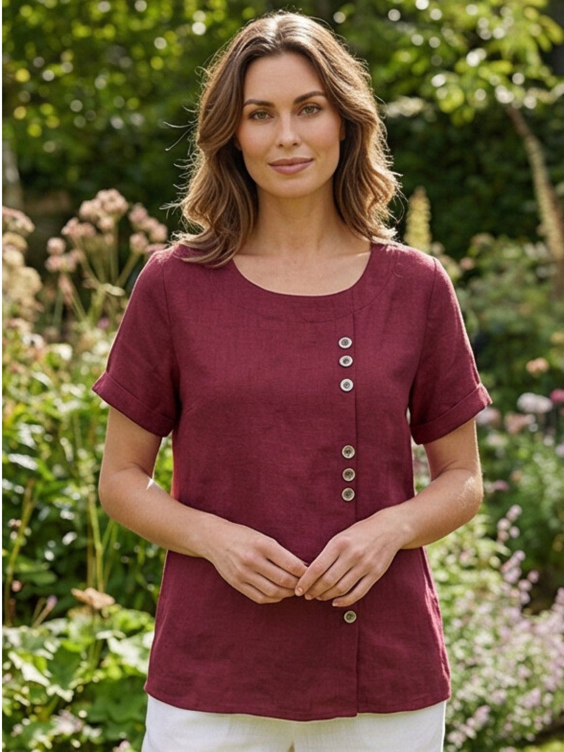 Anne | Women’s Linen Round Neck Button Blouse