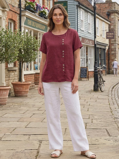 Anne | Women’s Linen Round Neck Button Blouse