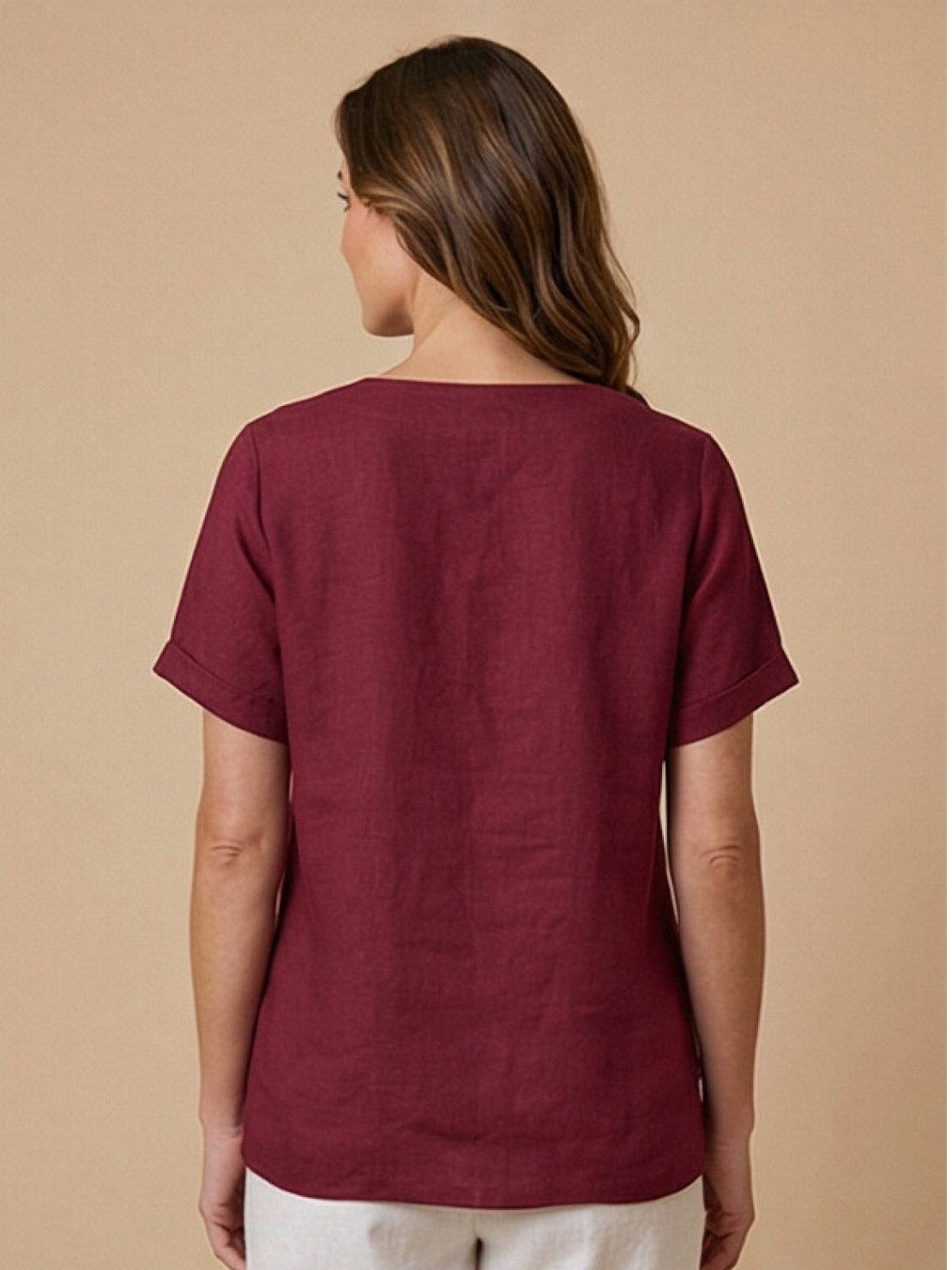 Anne | Women’s Linen Round Neck Button Blouse
