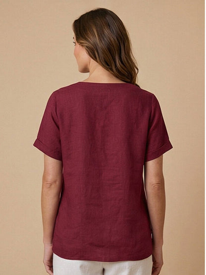 Anne | Women’s Linen Round Neck Button Blouse