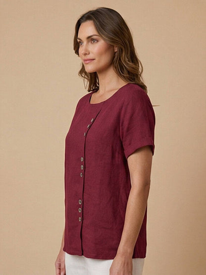 Anne | Women’s Linen Round Neck Button Blouse