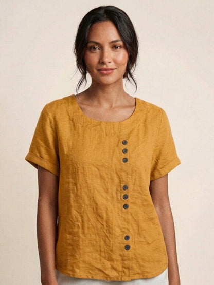 Anne | Women’s Linen Round Neck Button Blouse