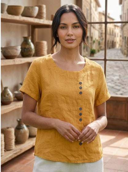 Anne | Women’s Linen Round Neck Button Blouse