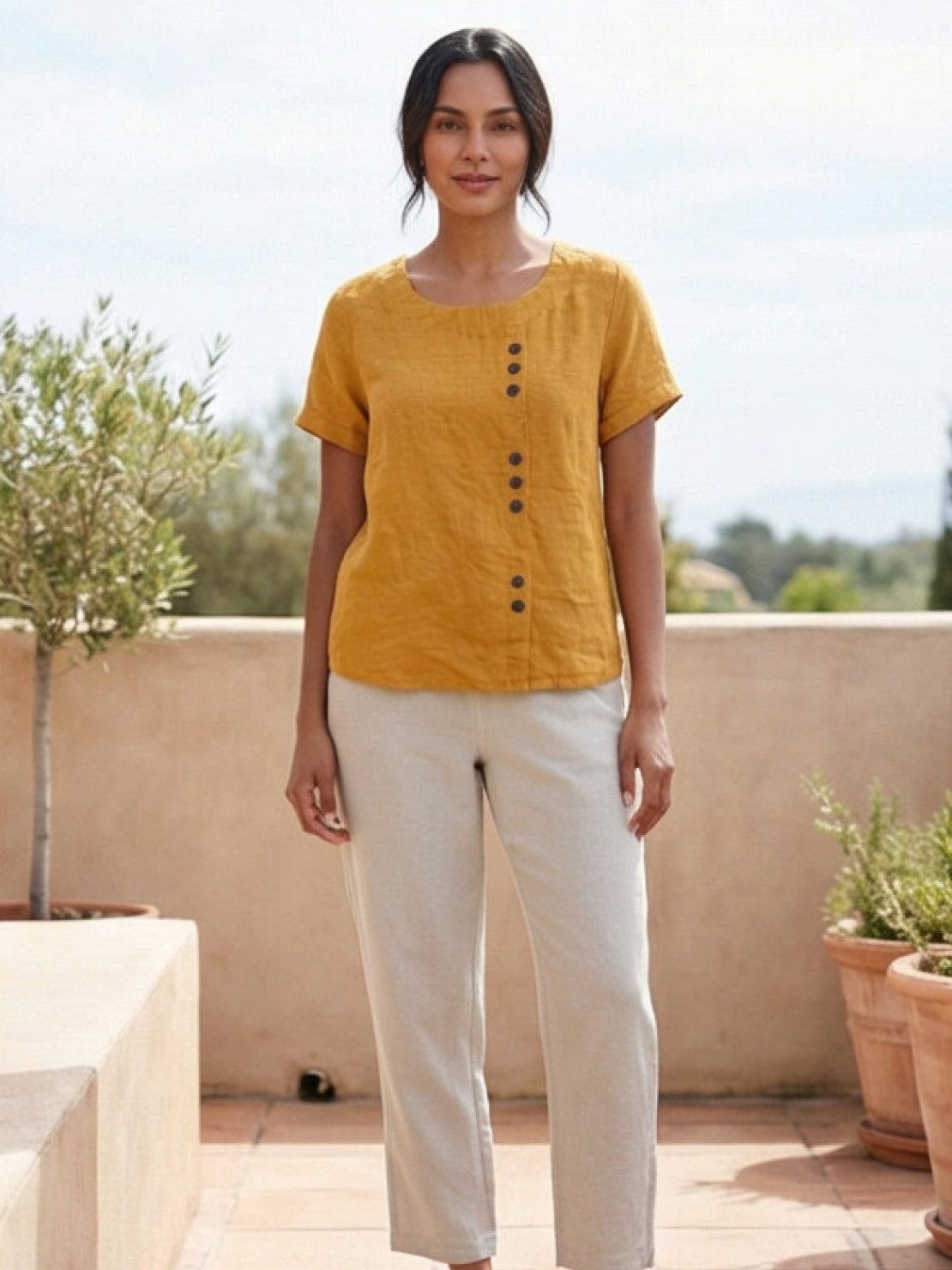 Anne | Women’s Linen Round Neck Button Blouse
