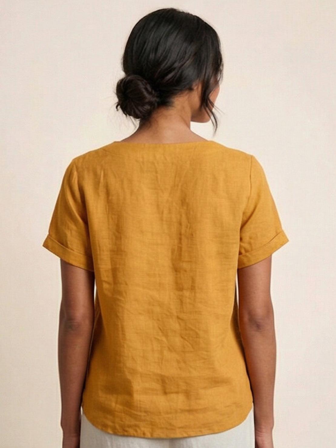 Anne | Women’s Linen Round Neck Button Blouse