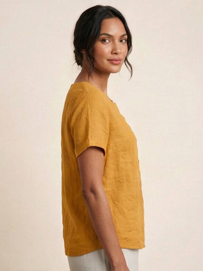 Anne | Women’s Linen Round Neck Button Blouse