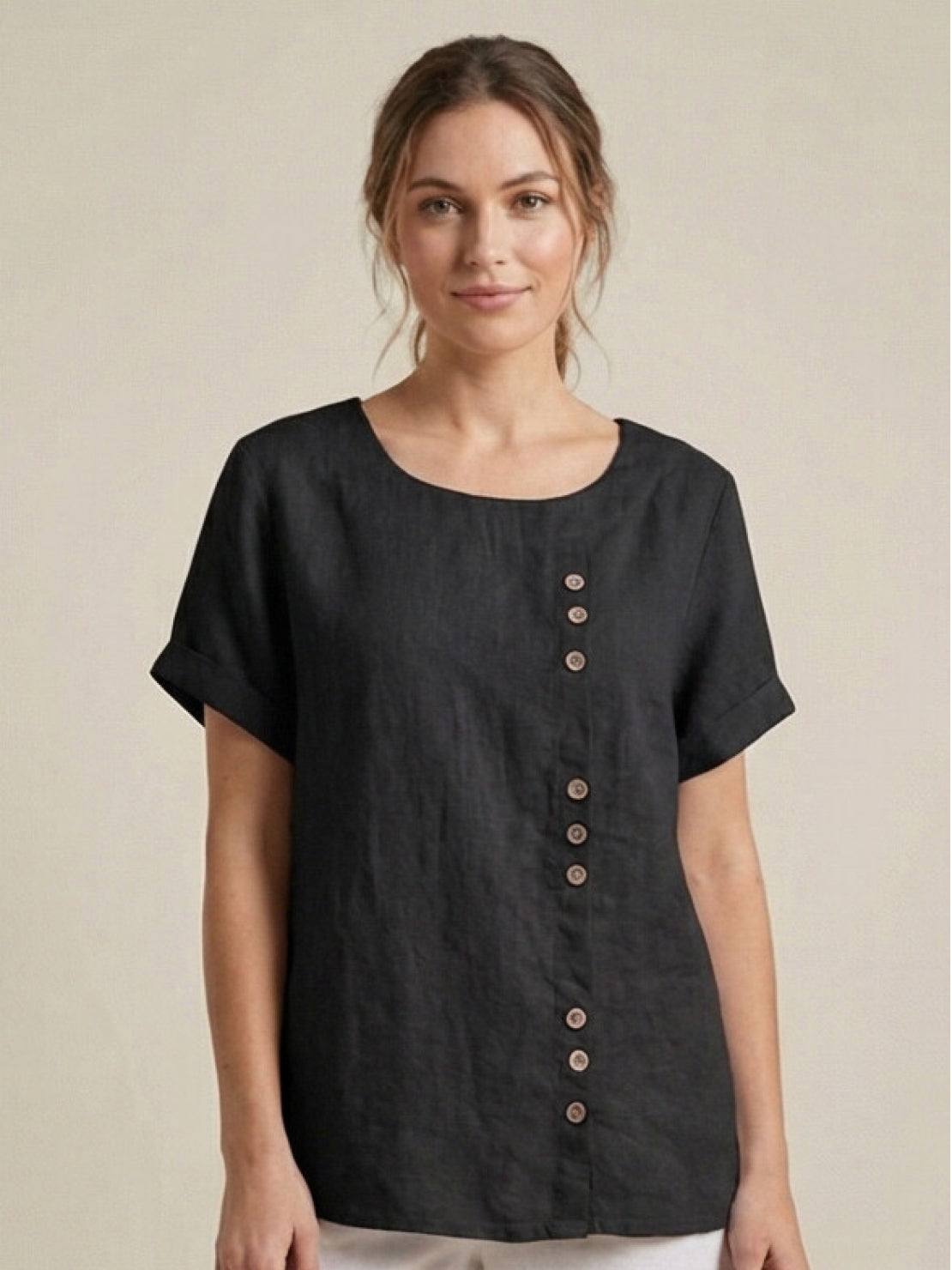 Anne | Women’s Linen Round Neck Button Blouse
