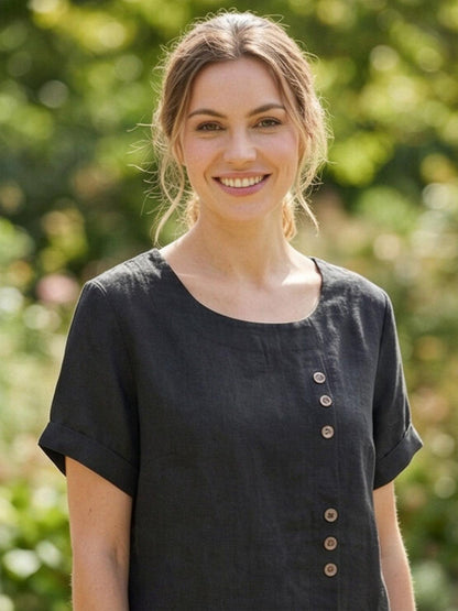 Anne | Women’s Linen Round Neck Button Blouse