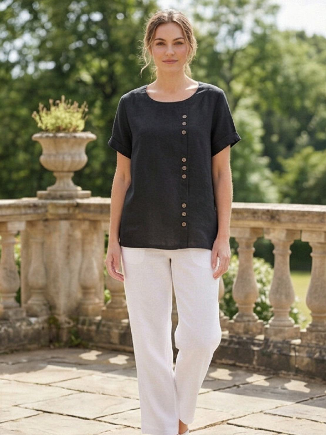 Anne | Women’s Linen Round Neck Button Blouse