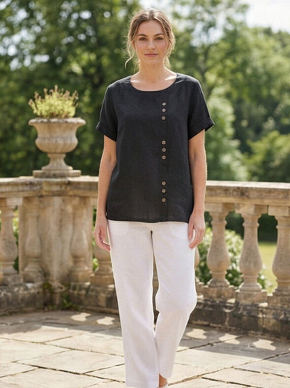 Anne | Women’s Linen Round Neck Button Blouse