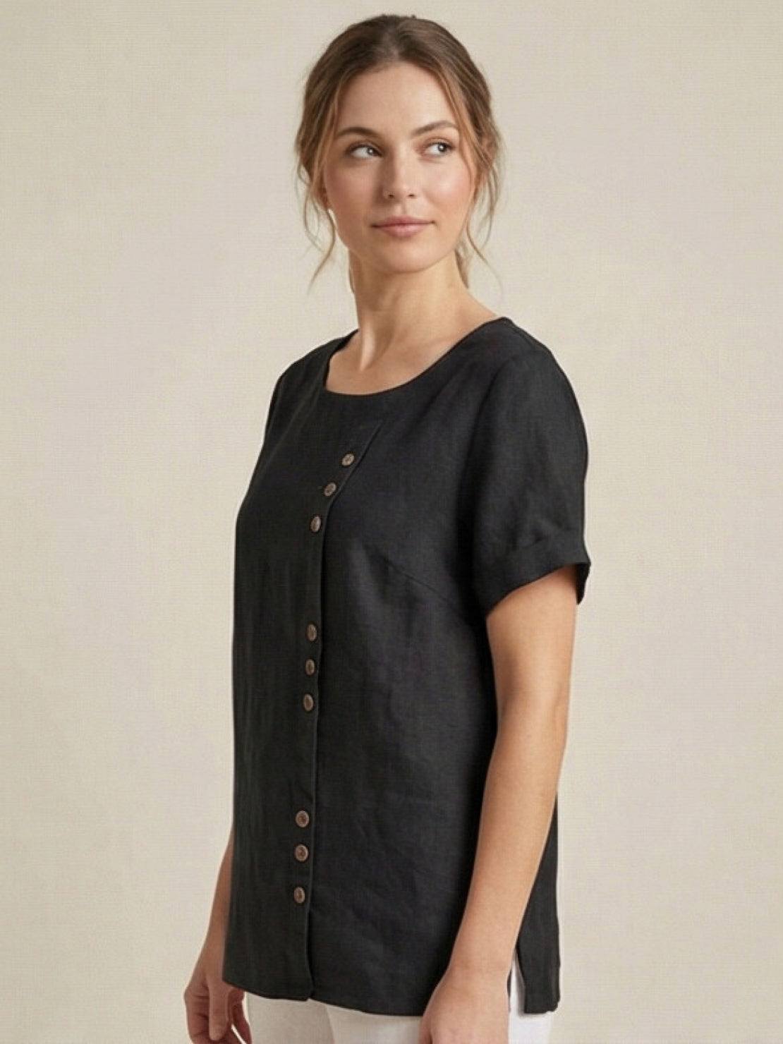 Anne | Women’s Linen Round Neck Button Blouse