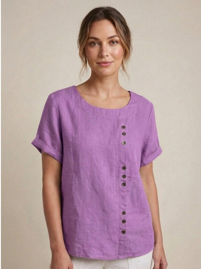 Anne | Women’s Linen Round Neck Button Blouse
