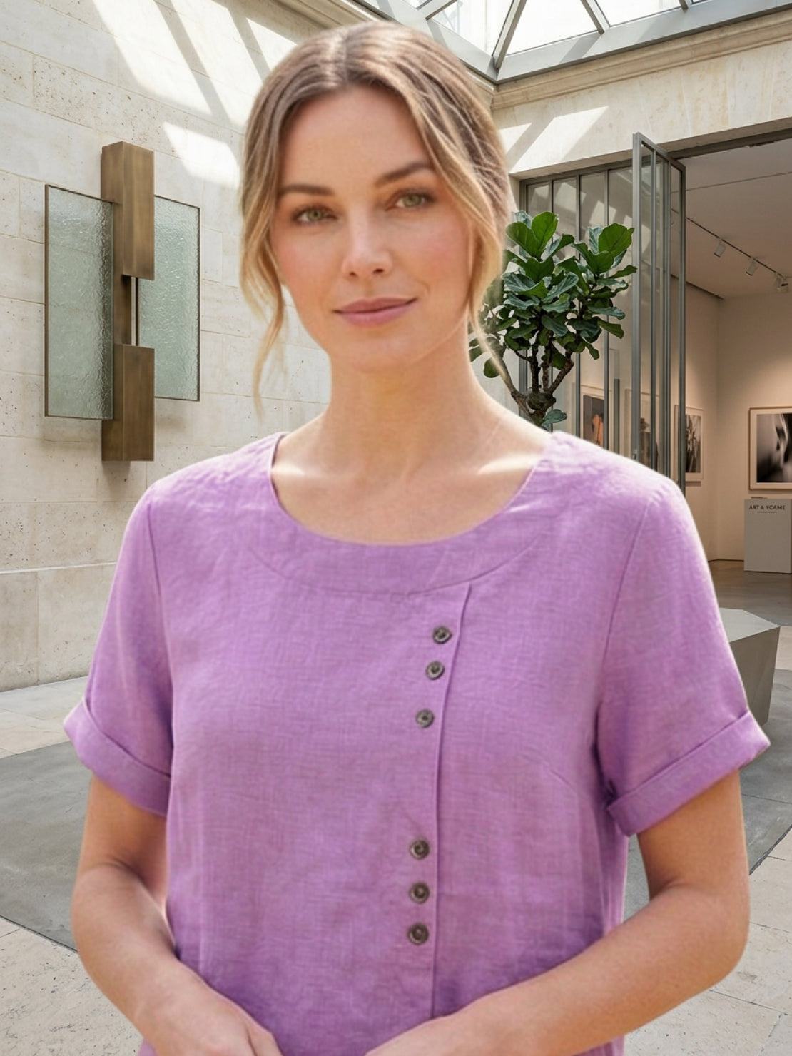 Anne | Women’s Linen Round Neck Button Blouse