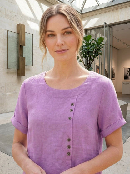 Anne | Women’s Linen Round Neck Button Blouse