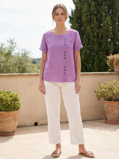 Anne | Women’s Linen Round Neck Button Blouse