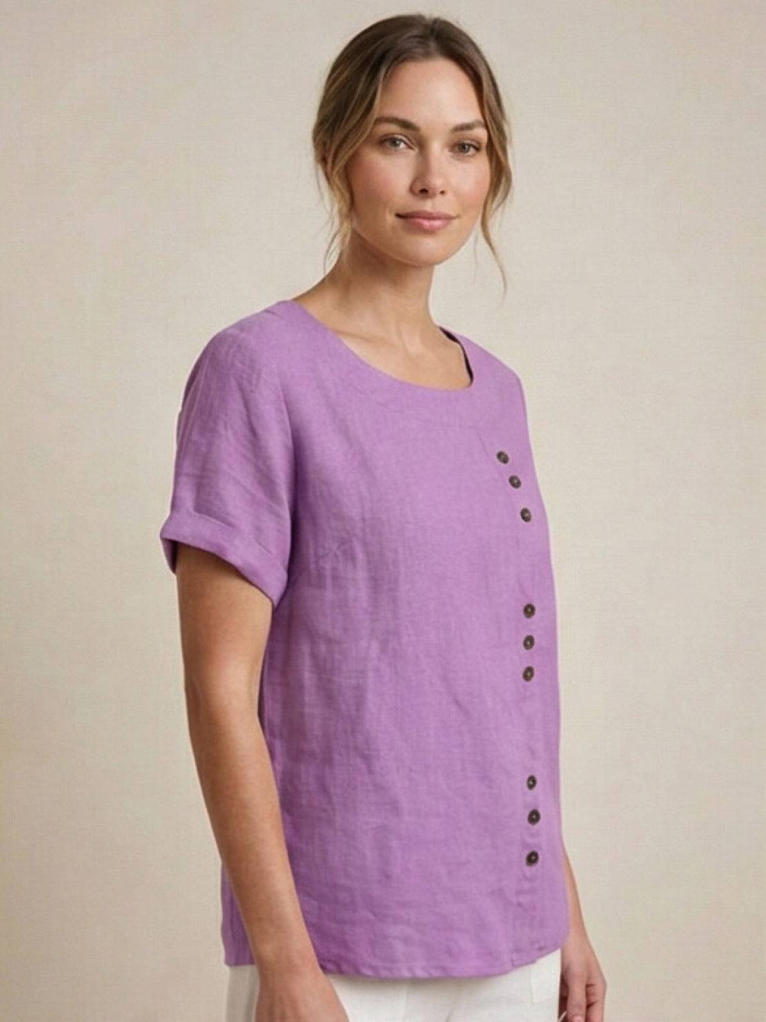 Anne | Women’s Linen Round Neck Button Blouse