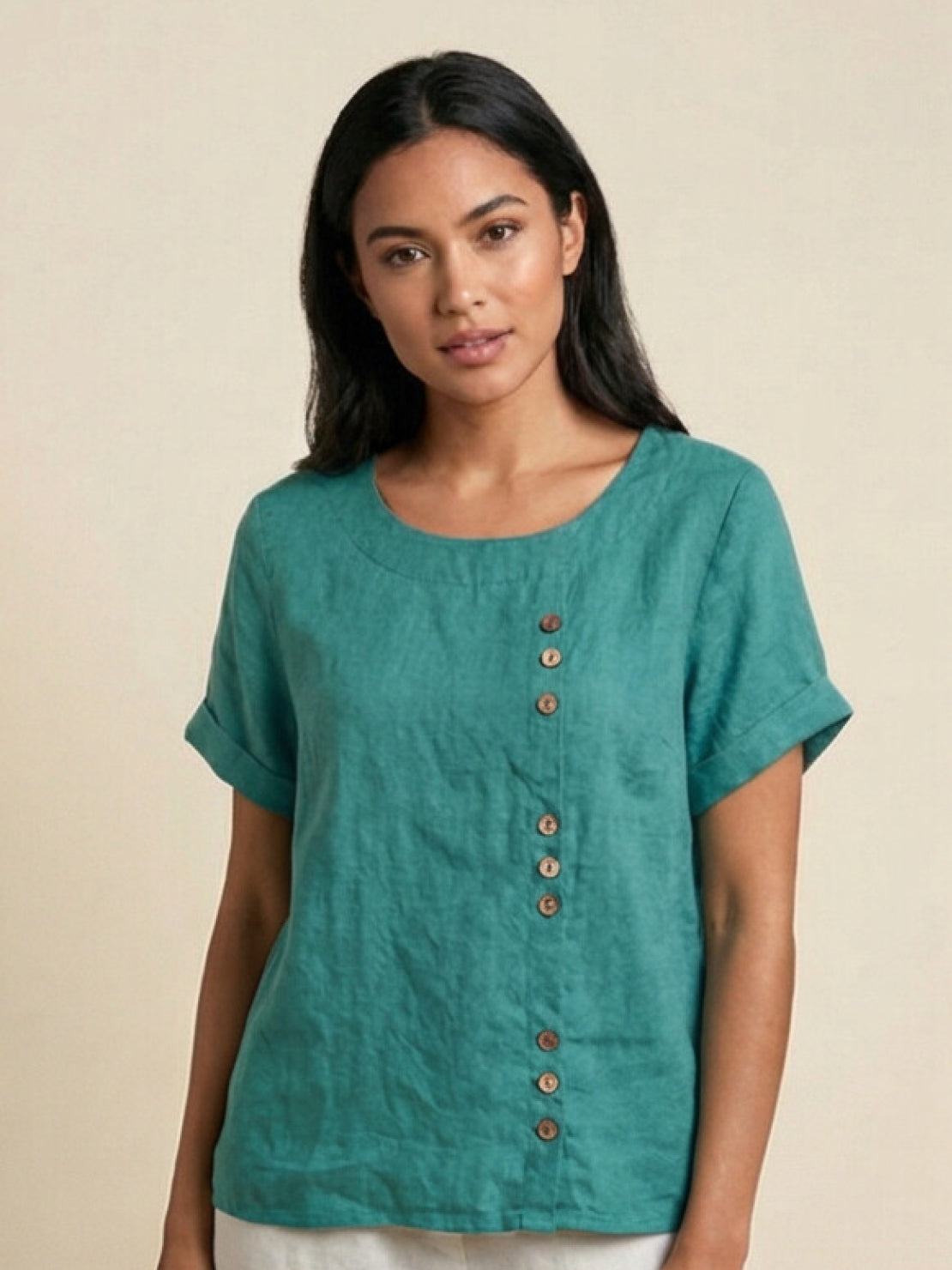 Anne | Women’s Linen Round Neck Button Blouse