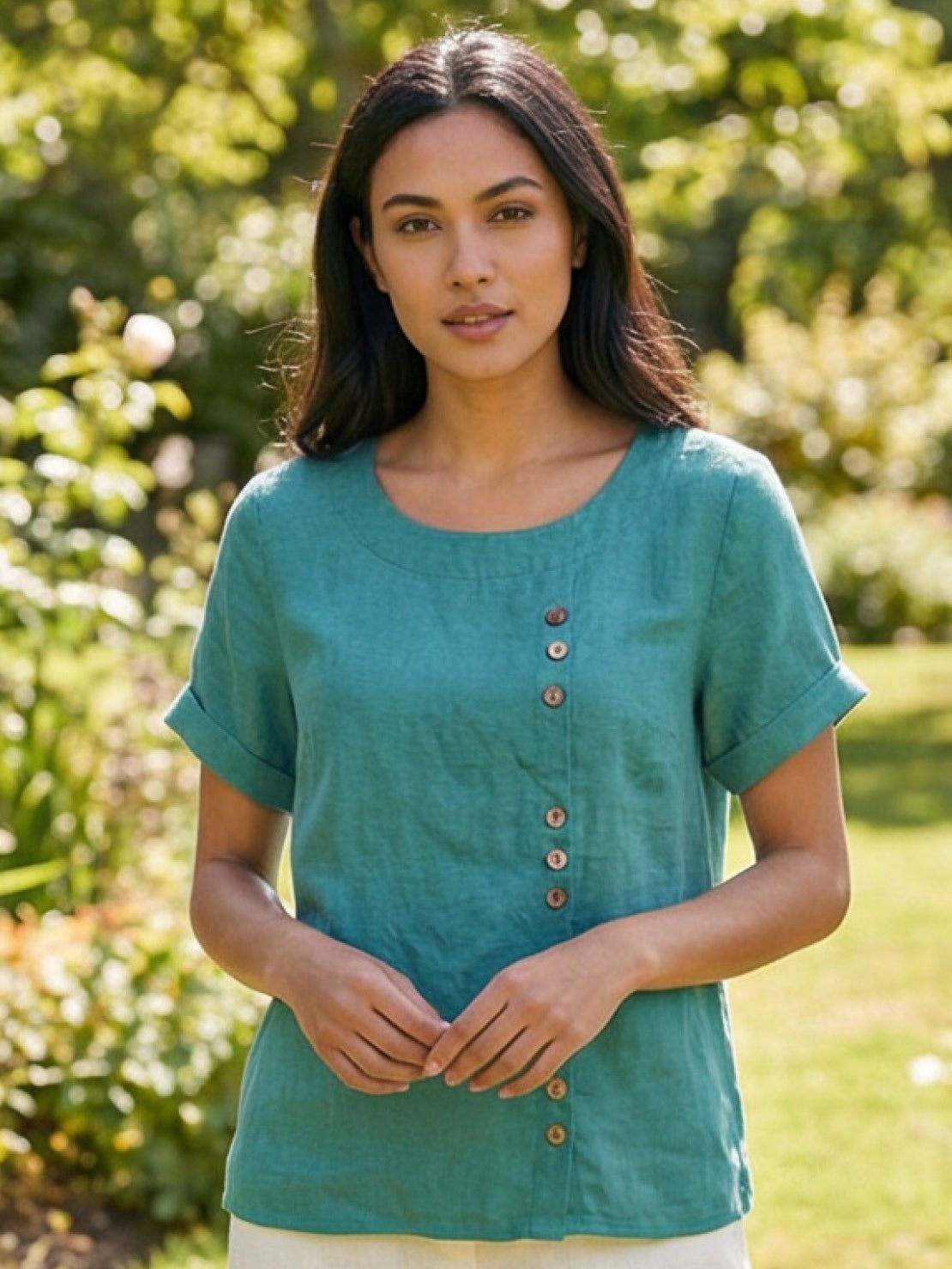 Anne | Women’s Linen Round Neck Button Blouse