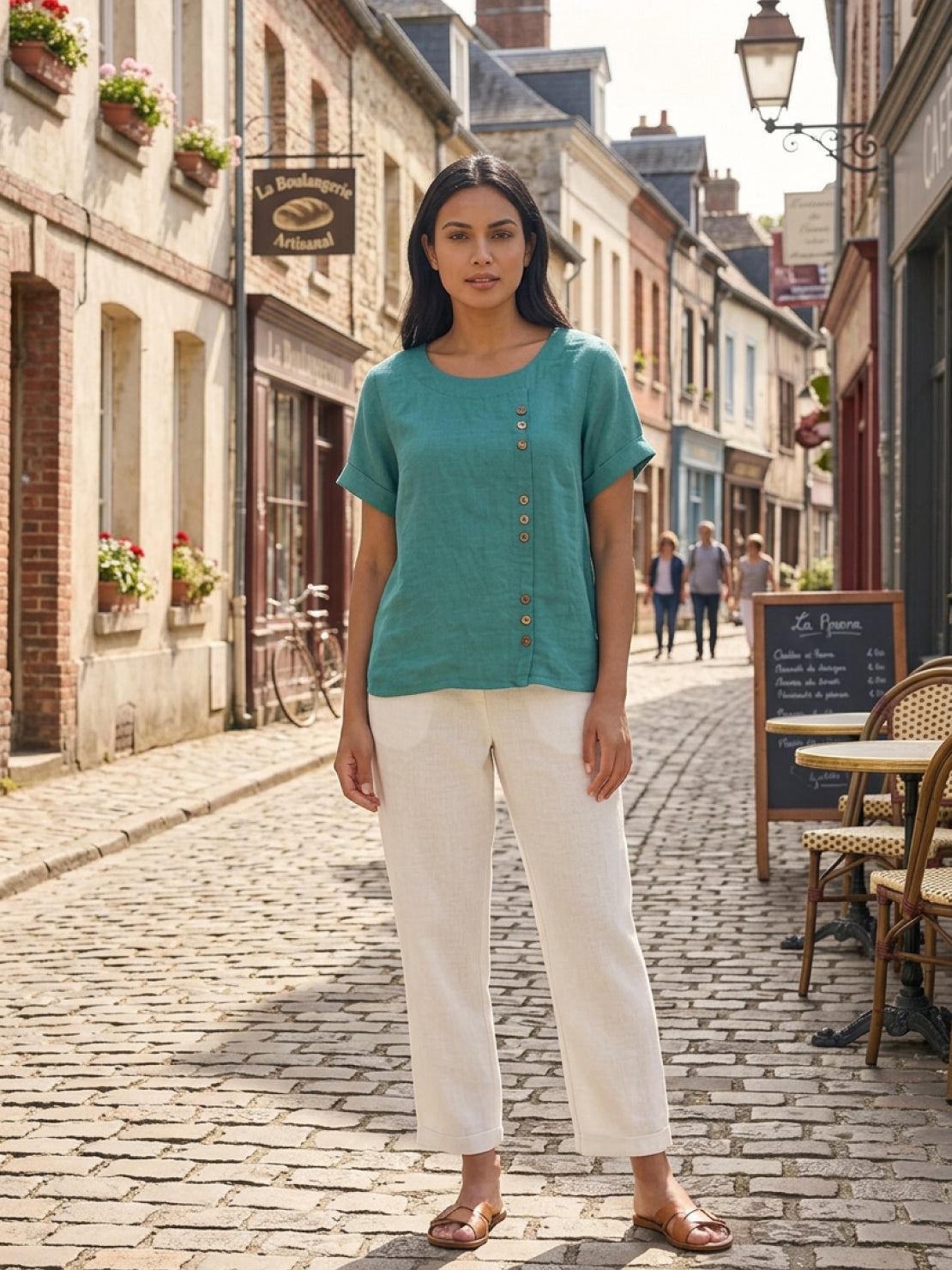 Anne | Women’s Linen Round Neck Button Blouse