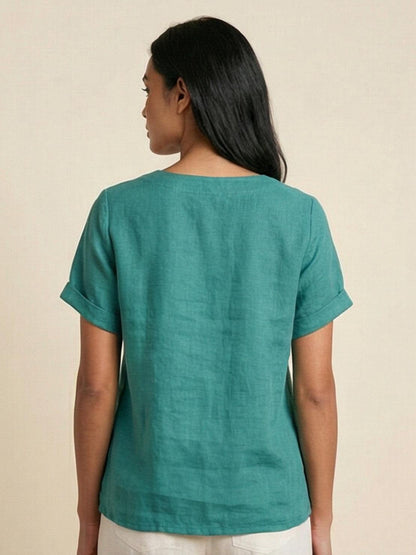 Anne | Women’s Linen Round Neck Button Blouse