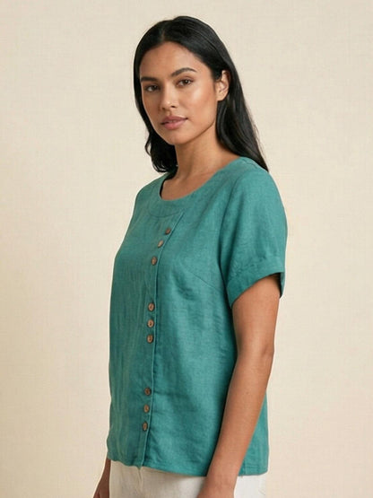 Anne | Women’s Linen Round Neck Button Blouse