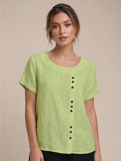 Anne | Women’s Linen Round Neck Button Blouse