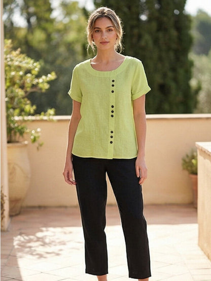 Anne | Women’s Linen Round Neck Button Blouse