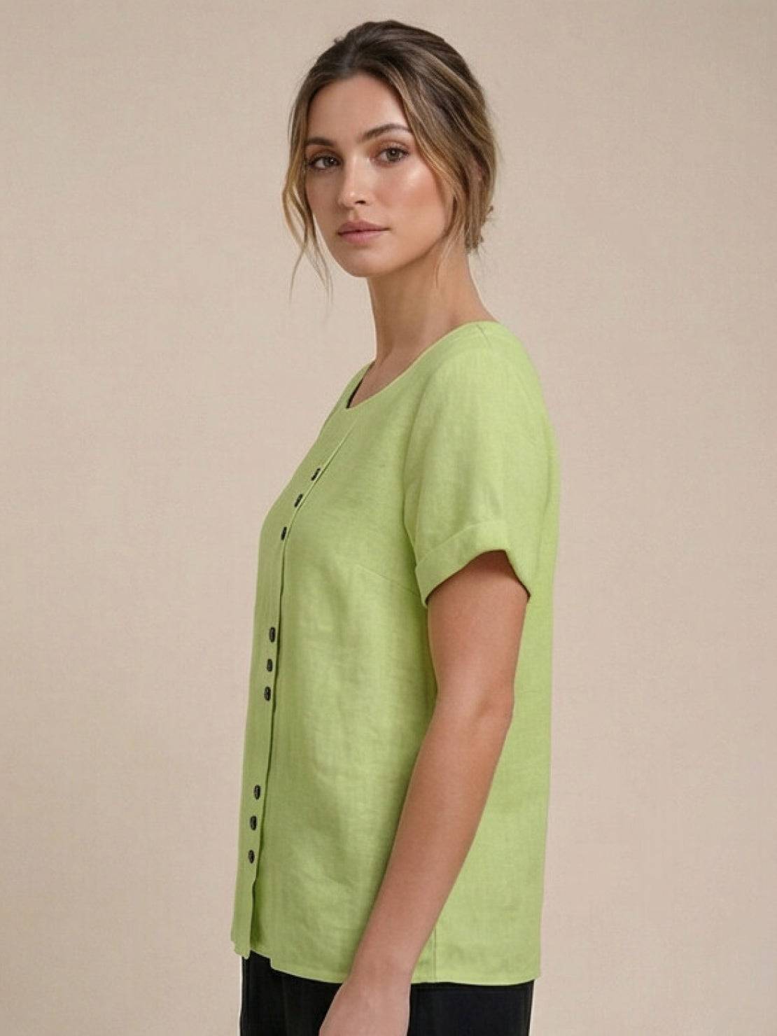 Anne | Women’s Linen Round Neck Button Blouse