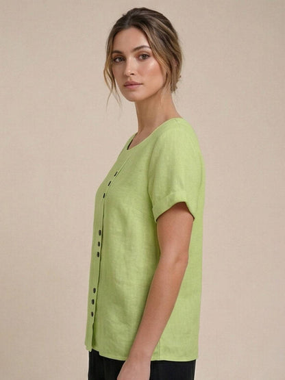 Anne | Women’s Linen Round Neck Button Blouse