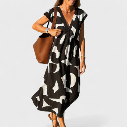 Isoldea | Women’s Printed Flowing V Neck Maxi Dress