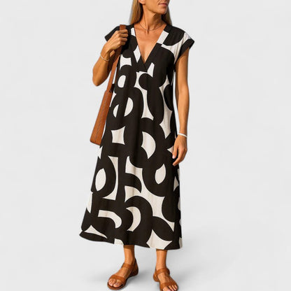 Isoldea | Women’s Printed Flowing V Neck Maxi Dress