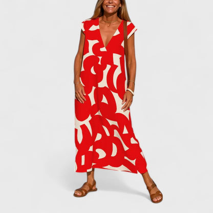 Isoldea | Women’s Printed Flowing V Neck Maxi Dress
