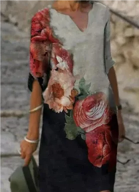 Sienna | Women’s Floral V-Neck Midi Dress with Artistic Print